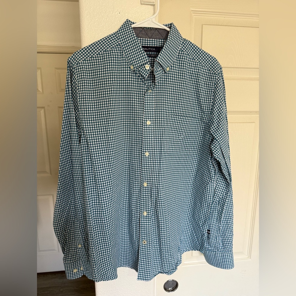 Nautica Men's Green and White Gingham Shirt